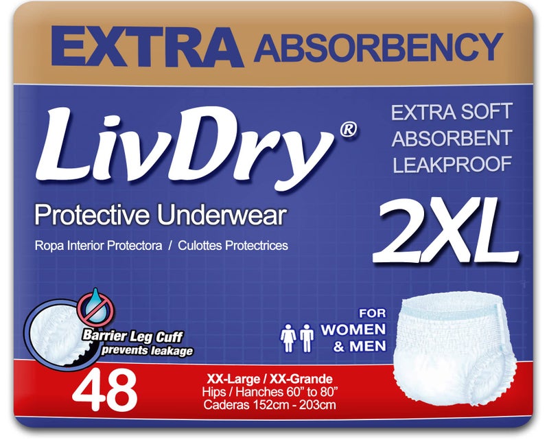 حفاضات للكبار LivDry XXL لل incontinent Extra Comfort Absorbency Leak Protection XXLarge 48Pack