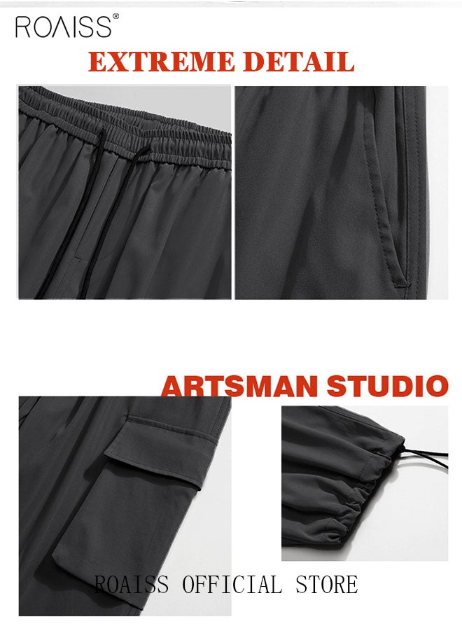 Men's Ankles-tied Loose Straight Cargo Pant Multi-Pocket Polyester Cargo Pants Wide Leg Pants