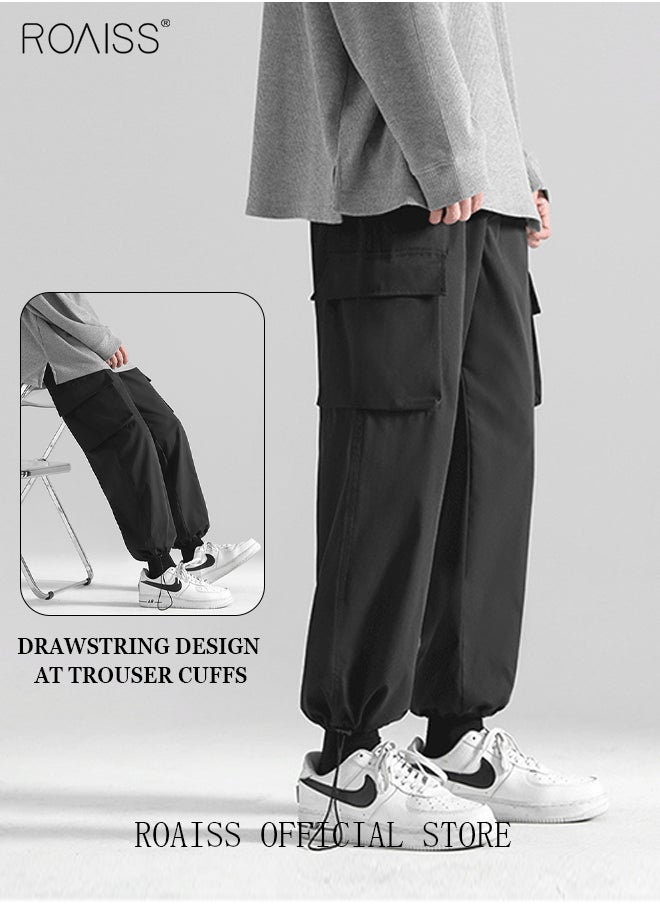 Men's Ankles-tied Loose Straight Cargo Pant Multi-Pocket Polyester Cargo Pants Wide Leg Pants