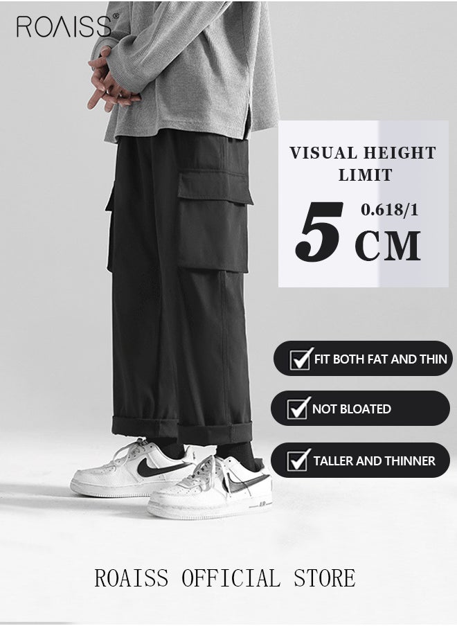 Men's Ankles-tied Loose Straight Cargo Pant Multi-Pocket Polyester Cargo Pants Wide Leg Pants