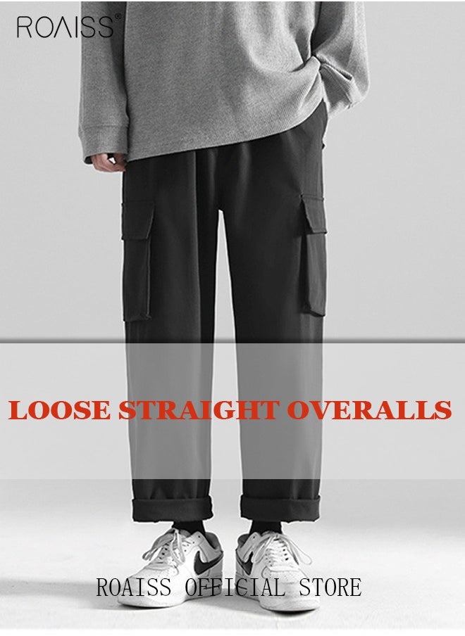 Men's Ankles-tied Loose Straight Cargo Pant Multi-Pocket Polyester Cargo Pants Wide Leg Pants