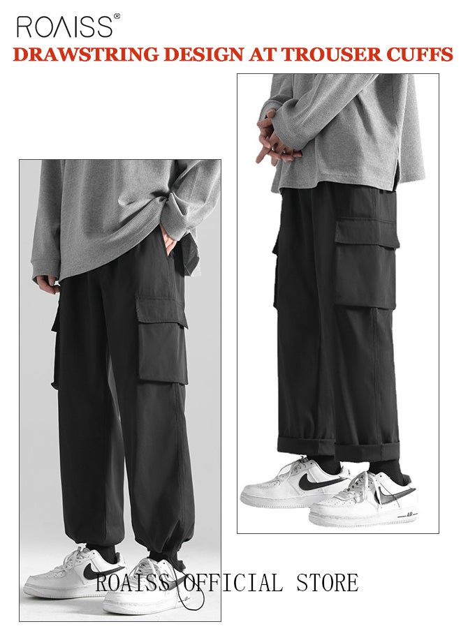 Men's Ankles-tied Loose Straight Cargo Pant Multi-Pocket Polyester Cargo Pants Wide Leg Pants