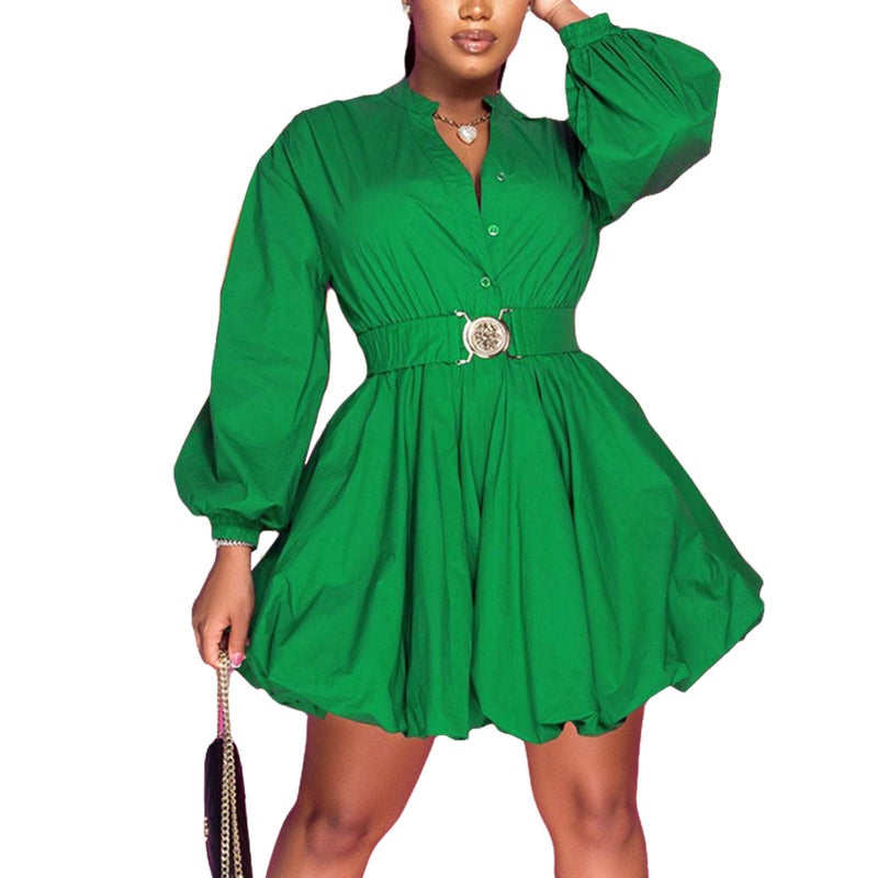 Uni Clau Women's Casual Party Mini Dress Button Down Long Sleeve Belted Bubble A-line Loose Fall Dresses Green M - Image 1