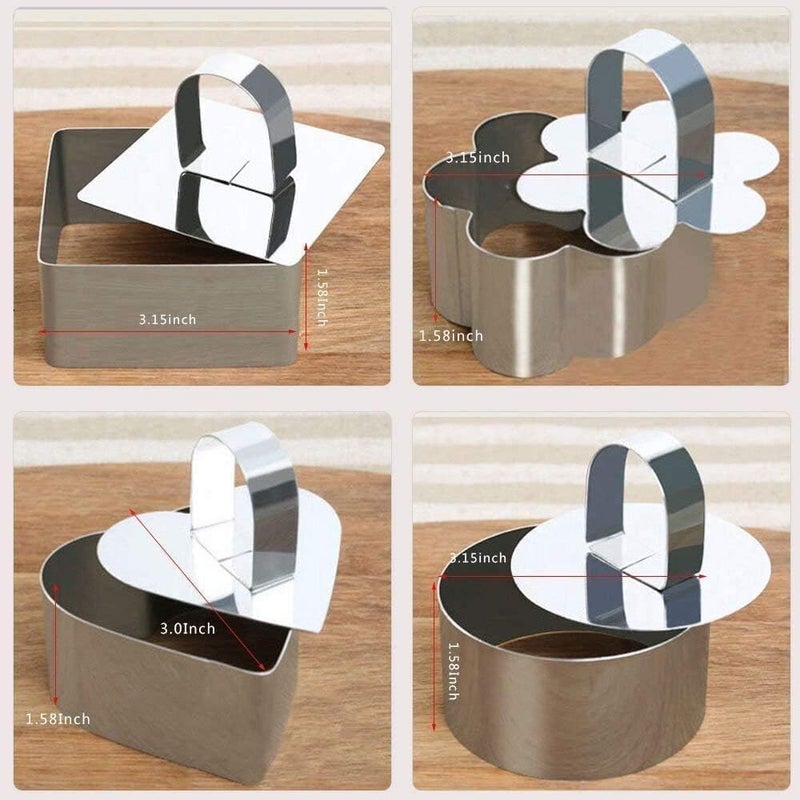 Defemim Stainless Steel 3D Cake Molds with Pusher Lifter Cooking Rings Set of 4,Baking Dish Bakeware Tools Cupcake Mold Mousse Ring Cheese Tools Salad Cake Dessert Mould(4 Different Shapes) - Image 3