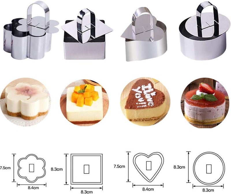 Defemim Stainless Steel 3D Cake Molds with Pusher Lifter Cooking Rings Set of 4,Baking Dish Bakeware Tools Cupcake Mold Mousse Ring Cheese Tools Salad Cake Dessert Mould(4 Different Shapes) - Image 1