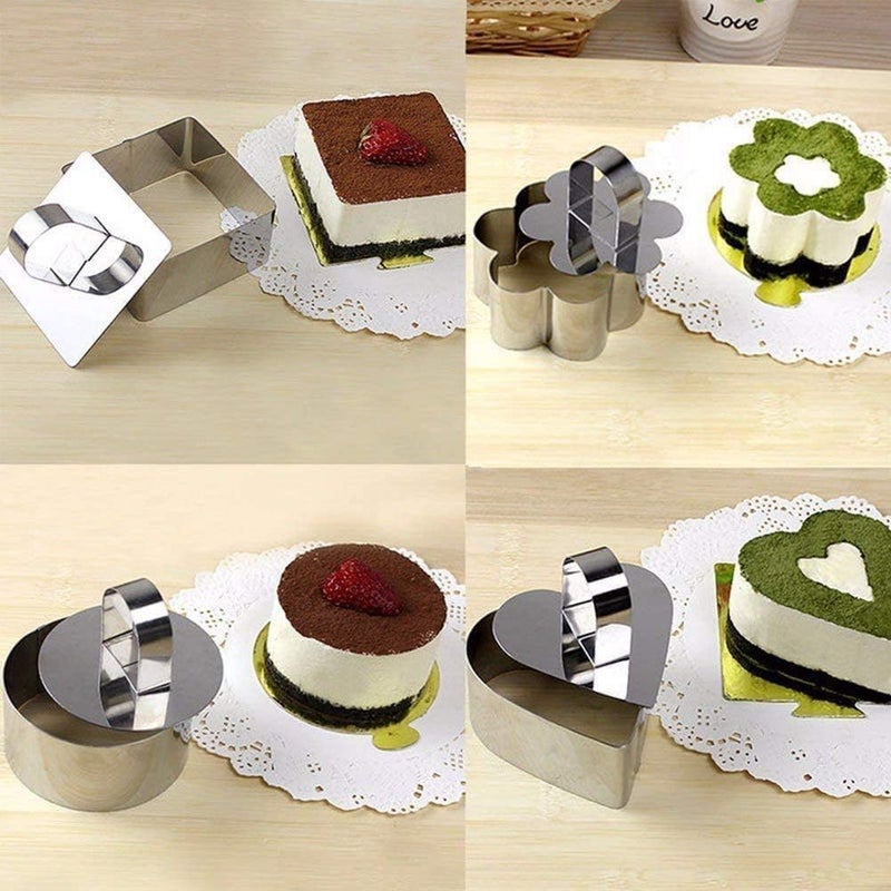 Defemim Stainless Steel 3D Cake Molds with Pusher Lifter Cooking Rings Set of 4,Baking Dish Bakeware Tools Cupcake Mold Mousse Ring Cheese Tools Salad Cake Dessert Mould(4 Different Shapes) - Image 2