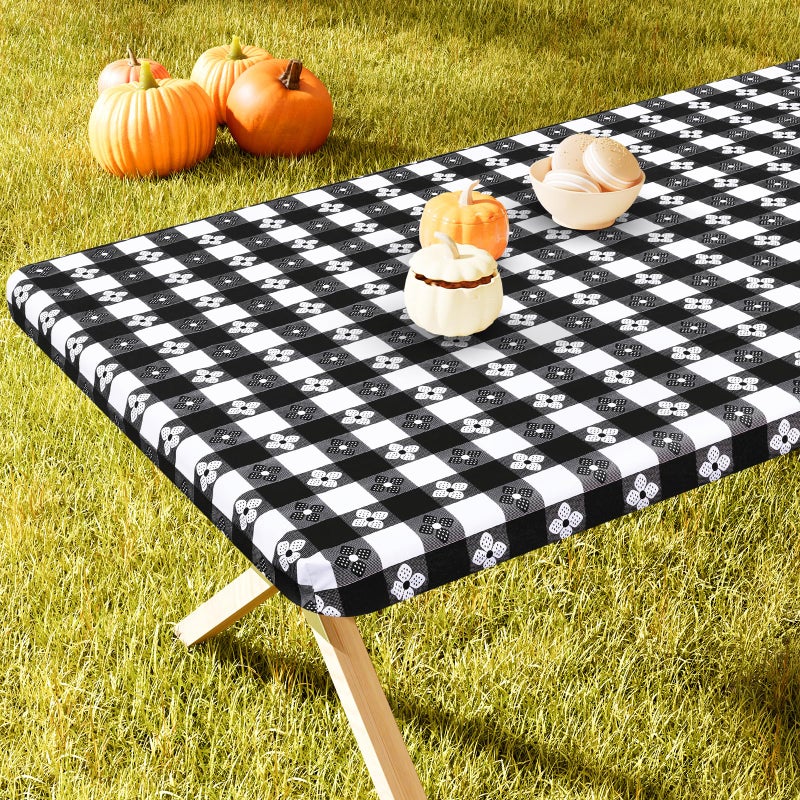 Spotjoy Rectangle Picnic Table Cloth  Waterproof Elastic Fitted Outdoor Table Covers for 6 Foot Tables  Flannel Backed Plastic Vinyl Tablecloths for Camping  Dining and Indoor (30""x72""  Black & White) - Image 4