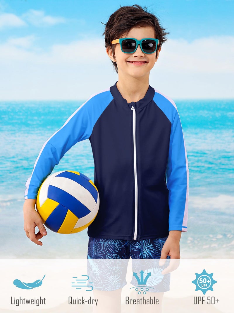SunFocus Boys Swim Set Two Piece Bathing Suit Kid Rash Guard Swimwear Long Sleeve Zipper Swimsuit Swim Trunks with Shirt Blue Tropical Leaves Size 4t 5t - Image 3