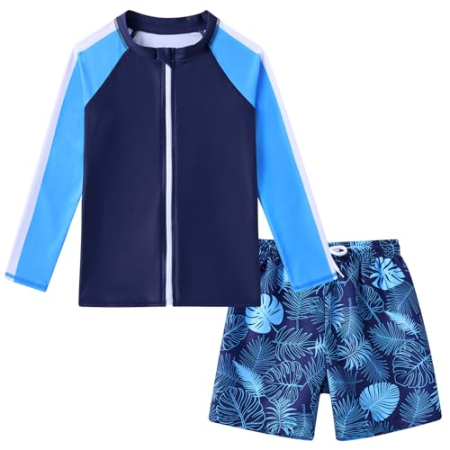 SunFocus Boys Swim Set Two Piece Bathing Suit Kid Rash Guard Swimwear Long Sleeve Zipper Swimsuit Swim Trunks with Shirt Blue Tropical Leaves Size 4t 5t - Image 1