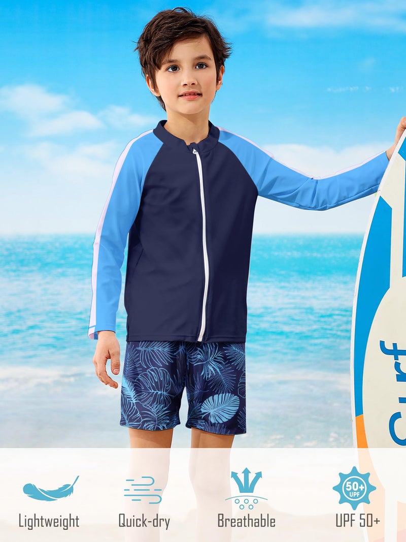 SunFocus Boys Swim Set Two Piece Bathing Suit Kid Rash Guard Swimwear Long Sleeve Zipper Swimsuit Swim Trunks with Shirt Blue Tropical Leaves Size 4t 5t - Image 4