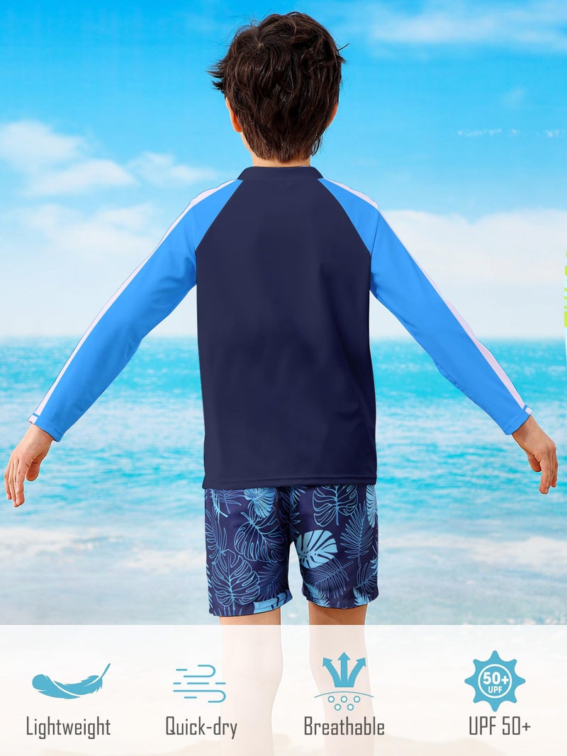 SunFocus Boys Swim Set Two Piece Bathing Suit Kid Rash Guard Swimwear Long Sleeve Zipper Swimsuit Swim Trunks with Shirt Blue Tropical Leaves Size 4t 5t - Image 5