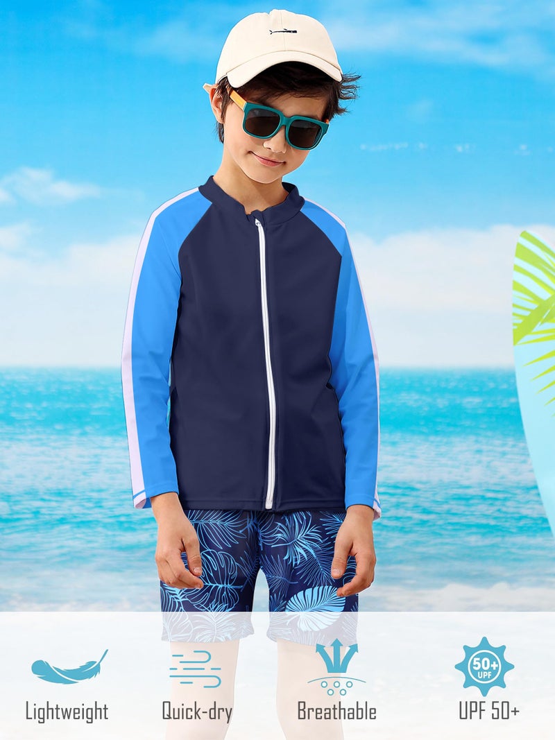 SunFocus Boys Swim Set Two Piece Bathing Suit Kid Rash Guard Swimwear Long Sleeve Zipper Swimsuit Swim Trunks with Shirt Blue Tropical Leaves Size 4t 5t - Image 2