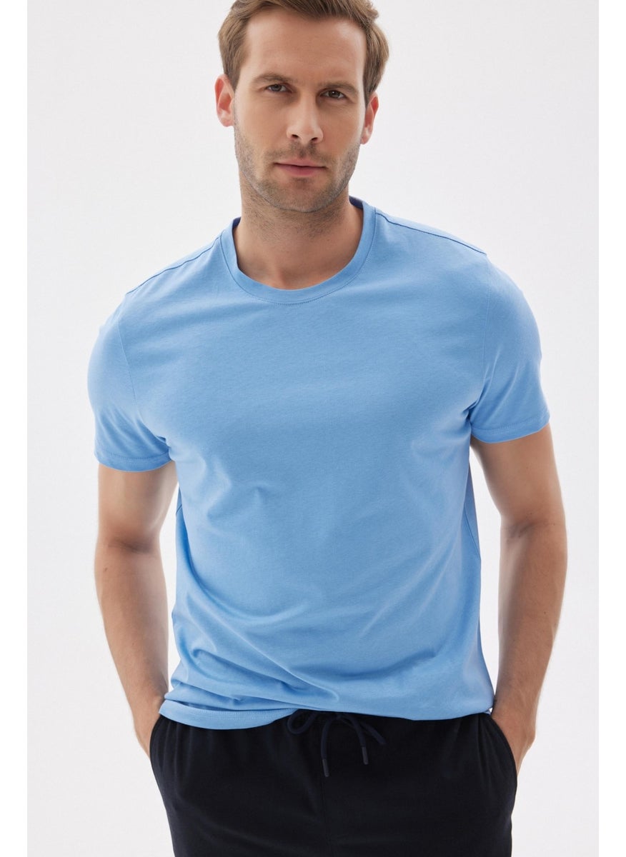 Odelon Crew Neck Cotton Slim Fit Men's Light Blue Basic T-Shirt  - Image 2