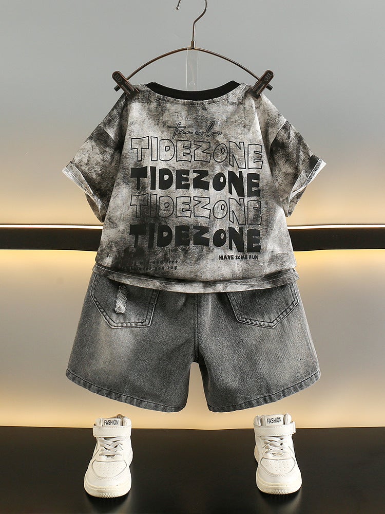Boys Summer Suit 2025 New Kidsren's Korean Style Tie-Dye Short-Sleeved T-Shirt Denim Shorts Two-Piece Trendy Set - Image 3