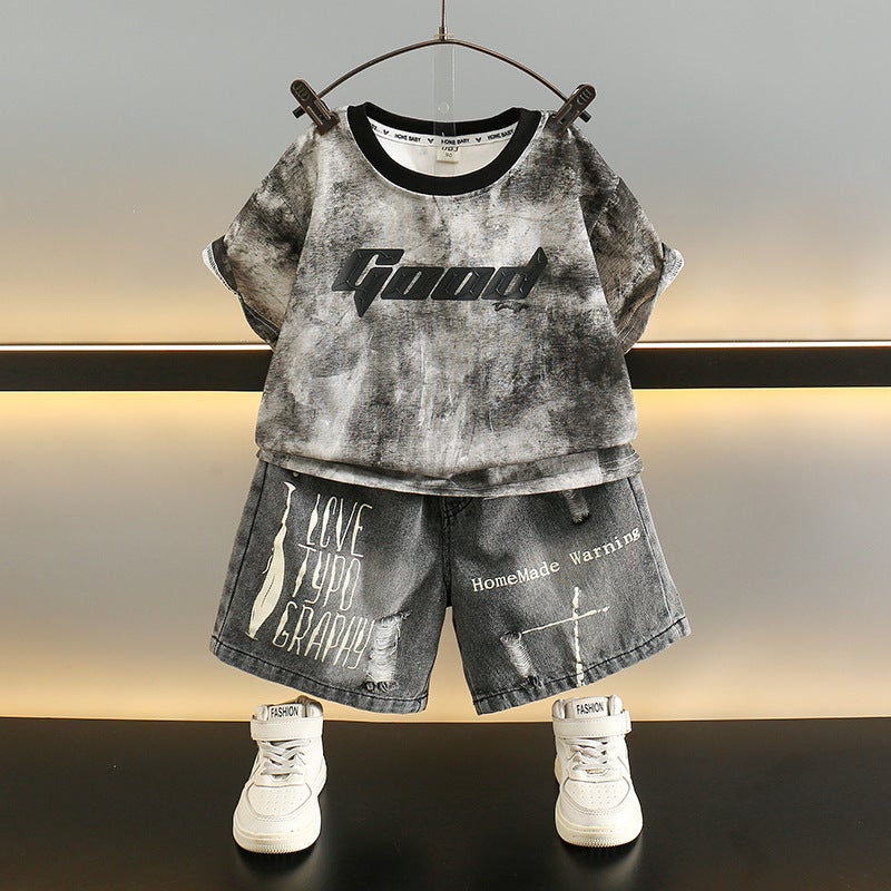 Boys Summer Suit 2025 New Kidsren's Korean Style Tie-Dye Short-Sleeved T-Shirt Denim Shorts Two-Piece Trendy Set - Image 1