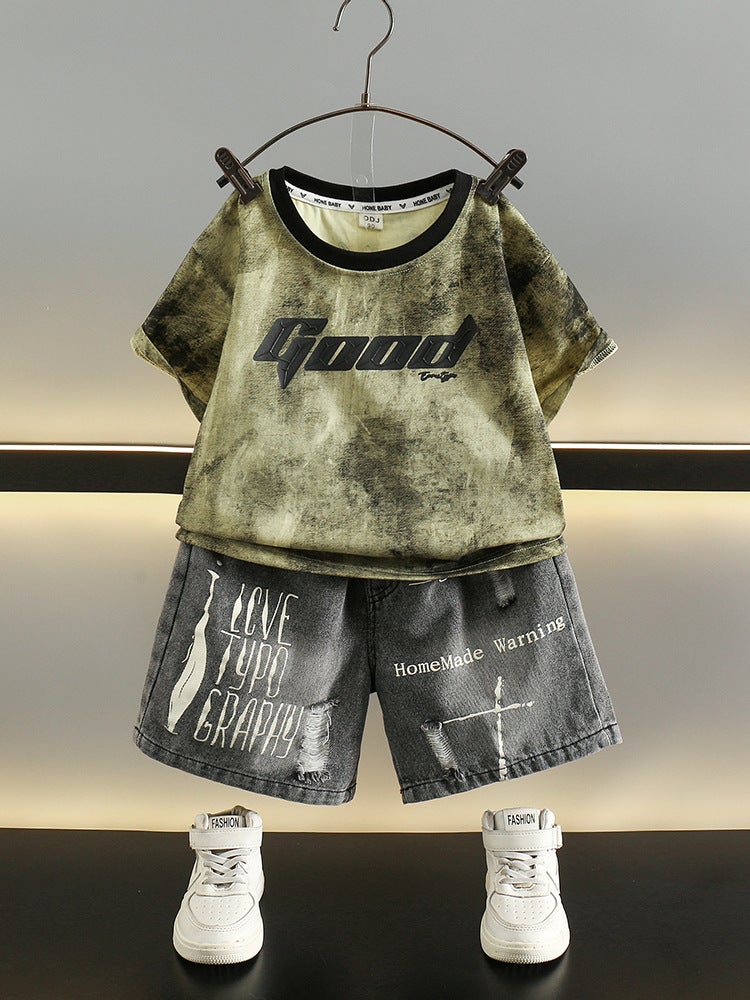 Boys Summer Suit 2025 New Kidsren's Korean Style Tie-Dye Short-Sleeved T-Shirt Denim Shorts Two-Piece Trendy Set - Image 4