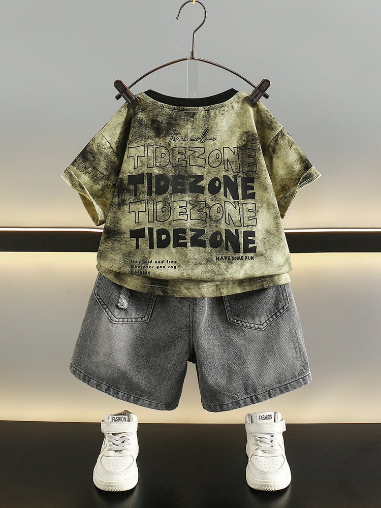 Boys Summer Suit 2025 New Kidsren's Korean Style Tie-Dye Short-Sleeved T-Shirt Denim Shorts Two-Piece Trendy Set - Image 5