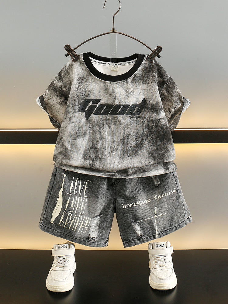 Boys Summer Suit 2025 New Kidsren's Korean Style Tie-Dye Short-Sleeved T-Shirt Denim Shorts Two-Piece Trendy Set - Image 2