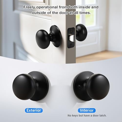 KNOBWELL 2 Pack Passage Door Knobs for Hallway or Closet Door Knobs, Matte Black Interior Door Knobs, Keyless Doorknobs Non-Locking Round Door Handle, Black Door Knob Interior - Image 3