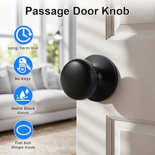 KNOBWELL 2 Pack Passage Door Knobs for Hallway or Closet Door Knobs, Matte Black Interior Door Knobs, Keyless Doorknobs Non-Locking Round Door Handle, Black Door Knob Interior - Image 2