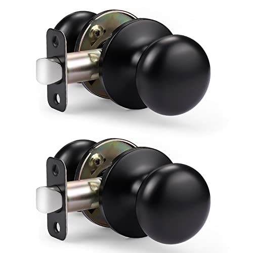 KNOBWELL 2 Pack Passage Door Knobs for Hallway or Closet Door Knobs, Matte Black Interior Door Knobs, Keyless Doorknobs Non-Locking Round Door Handle, Black Door Knob Interior - Image 1