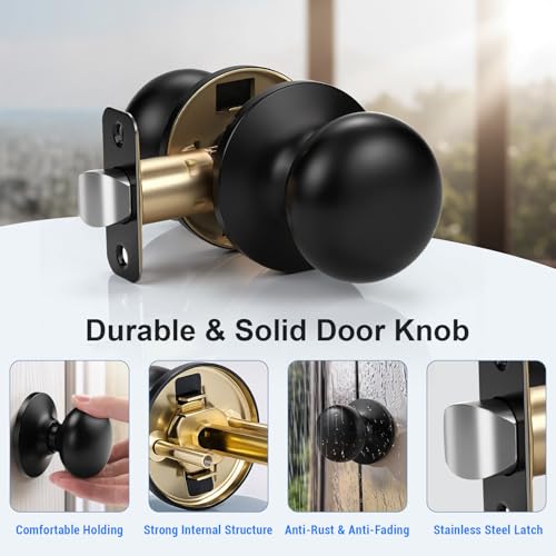 KNOBWELL 2 Pack Passage Door Knobs for Hallway or Closet Door Knobs, Matte Black Interior Door Knobs, Keyless Doorknobs Non-Locking Round Door Handle, Black Door Knob Interior - Image 5