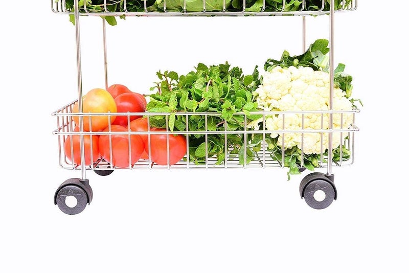 Drumil Rust Stainless Steel Wrought Iron Mashal Fruit and Vegetable Stand Basket TrolleyModern Kitchen Storage Steel Rack Triple Tiered Trolley Shelf Silver - Image 2