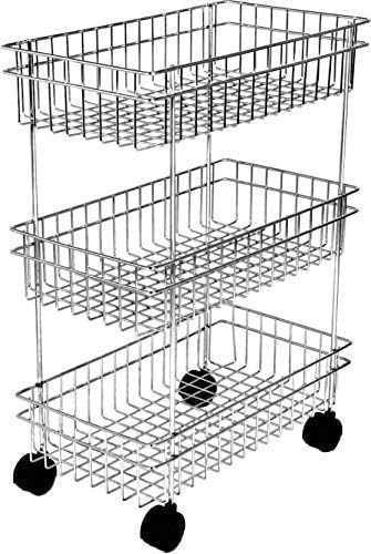 Drumil Rust Stainless Steel Wrought Iron Mashal Fruit and Vegetable Stand Basket TrolleyModern Kitchen Storage Steel Rack Triple Tiered Trolley Shelf Silver - Image 3