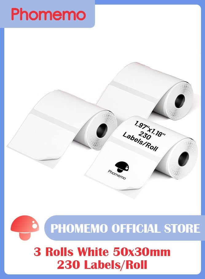 فوميمو 3 لفات ورق ملصقات مربع ذاتي اللصق متعدد الاغراض مقاس 30×50 ملم لطابعة ملصقات M110/M120/M200/M220/M221، للطباعة بالاسود على الابيض، 230 ملصق في اللفة، خلفية بيضاء - Image 1