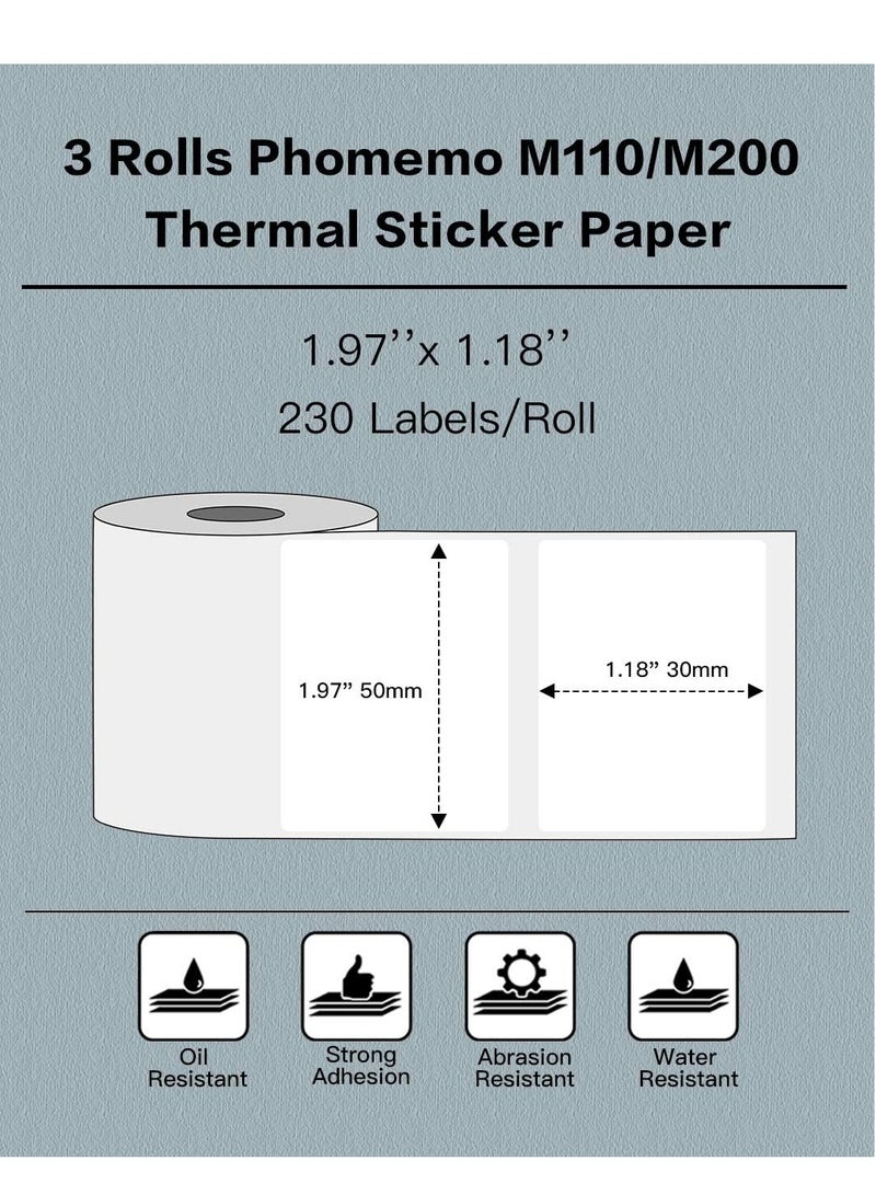 فوميمو 3 لفات ورق ملصقات مربع ذاتي اللصق متعدد الاغراض مقاس 30×50 ملم لطابعة ملصقات M110/M120/M200/M220/M221، للطباعة بالاسود على الابيض، 230 ملصق في اللفة، خلفية بيضاء - Image 2