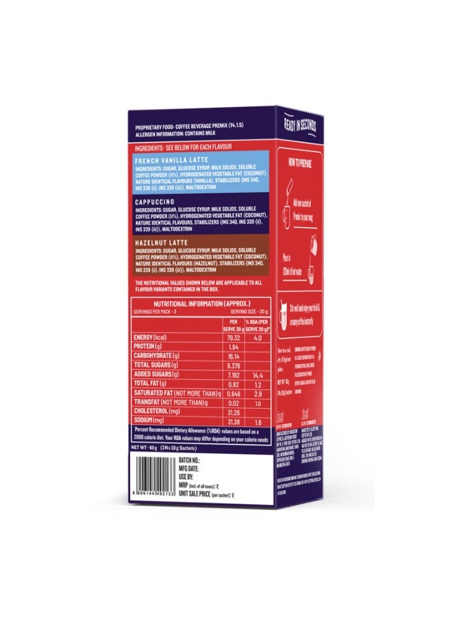 Sleepy Owl Assorted Instant Coffee Premix Sachets | 3 in 1 Coffee Sachet | Frothy & Creamy Cafe-Style Coffee at Home | 3 Delicious Flavours | Just Add Hot Water | 60g (3 Sachets x 20g) - Image 2