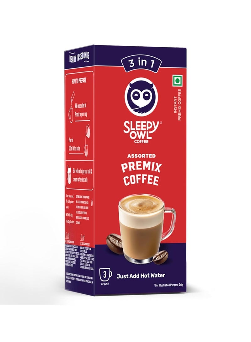 Sleepy Owl Assorted Instant Coffee Premix Sachets | 3 in 1 Coffee Sachet | Frothy & Creamy Cafe-Style Coffee at Home | 3 Delicious Flavours | Just Add Hot Water | 60g (3 Sachets x 20g) - Image 1