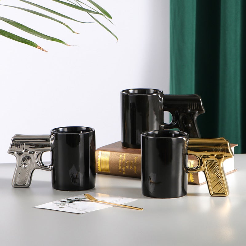 3D Pistol Ceramic Cup 9.5cm Height 8cm Diameter Unique Gold & Silver Finish - Durable Easy To Clean Portable Cup for Home Office Travel Business Meetings Promotional Gifts - Image 3