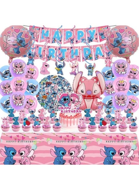 Pink Lilo & Stitch theme party decoration Children's birthday flag cake insert balloon sticker set