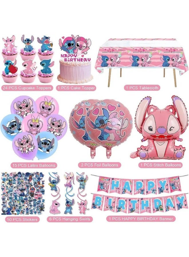 JAYATO Pink Lilo & Stitch theme party decoration Children's birthday flag cake insert balloon sticker set - Image 2