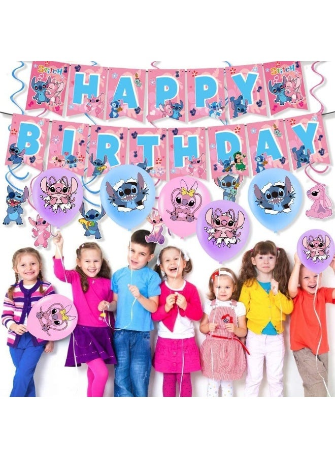 JAYATO Pink Lilo & Stitch theme party decoration Children's birthday flag cake insert balloon sticker set - Image 3