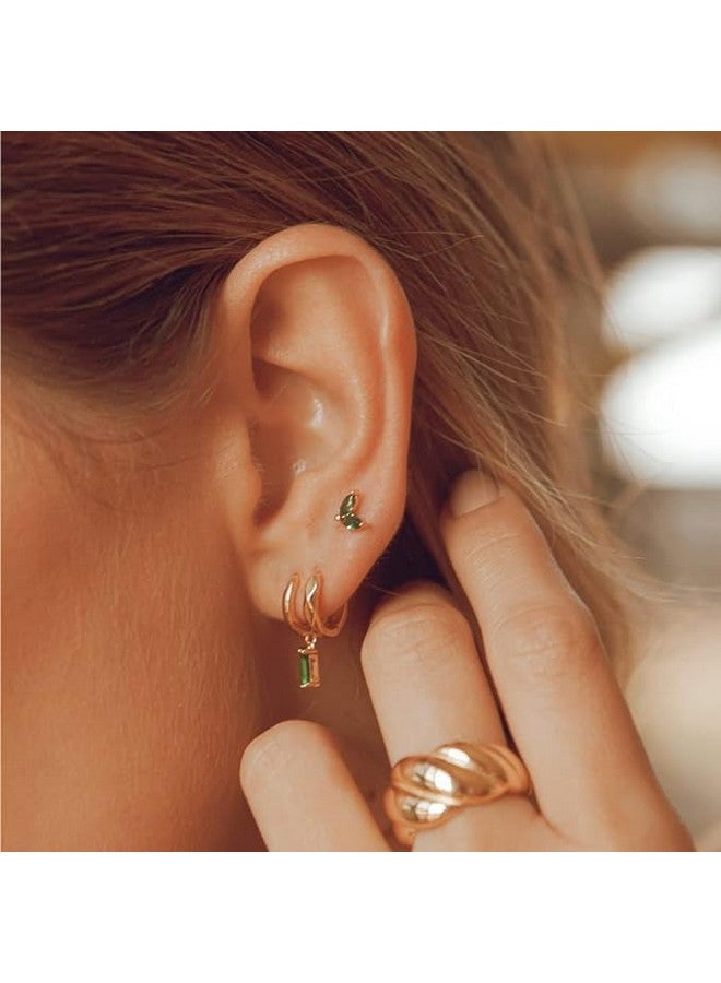 El Regalo Stainless Steel Emerald Green Baguette Cubic Zirconia Dangle Drop Golden Huggie Hoop Earrings Women Girls- Gold Cartilage Small Hoop Anti Tarnish Earrings - Image 3
