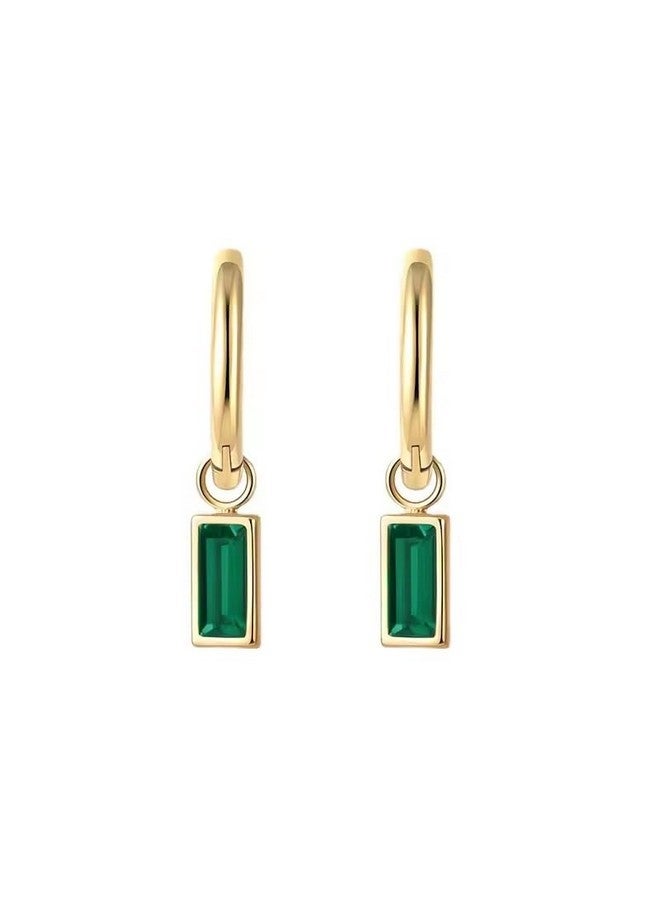 El Regalo Stainless Steel Emerald Green Baguette Cubic Zirconia Dangle Drop Golden Huggie Hoop Earrings Women Girls- Gold Cartilage Small Hoop Anti Tarnish Earrings - Image 1