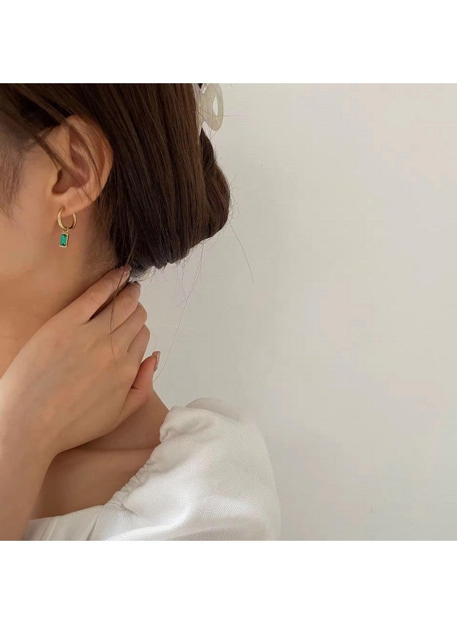 El Regalo Stainless Steel Emerald Green Baguette Cubic Zirconia Dangle Drop Golden Huggie Hoop Earrings Women Girls- Gold Cartilage Small Hoop Anti Tarnish Earrings - Image 5