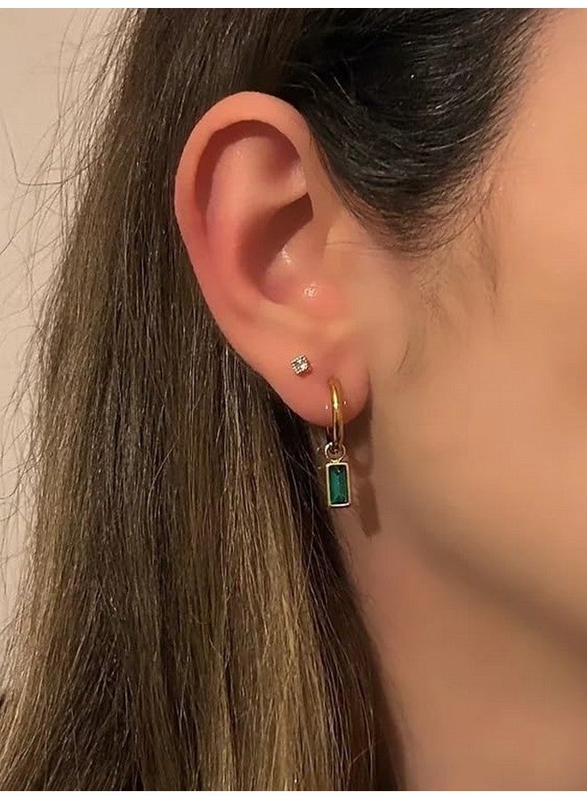 El Regalo Stainless Steel Emerald Green Baguette Cubic Zirconia Dangle Drop Golden Huggie Hoop Earrings Women Girls- Gold Cartilage Small Hoop Anti Tarnish Earrings - Image 2