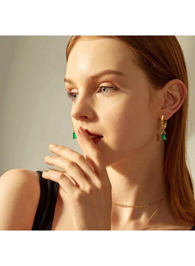 El Regalo Stainless Steel Emerald Green Baguette Cubic Zirconia Dangle Drop Golden Huggie Hoop Earrings Women Girls- Gold Cartilage Small Hoop Anti Tarnish Earrings - Image 4