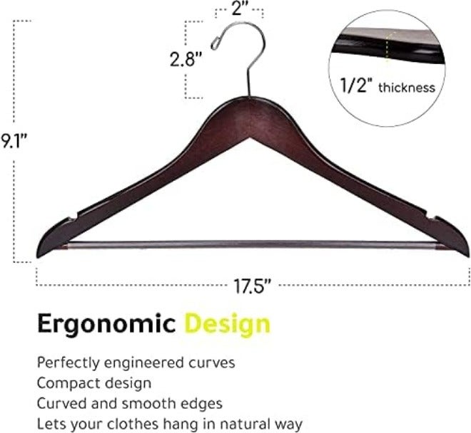 Quality Hangers شماعات خشبية عالية الجودة - طقم شماعات مقوسة قليلاً - شماعات معاطف من الخشب الصلب بخطافات كرومية أنيقة - شماعات متينة للملابس، والسترات، والقمصان، والسراويل، والبدلات (لون طبيعي، 10 قطع) - Image 5