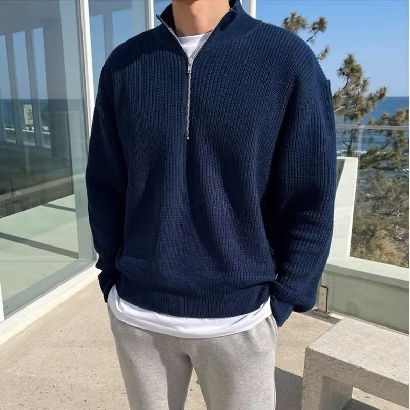 Mens Autumn Half Zip Cardigan Sweater Mens Trendy Handsome All-match Vertical Collar Knitwear Top High Collar Jacket Navy blue  - Image 1