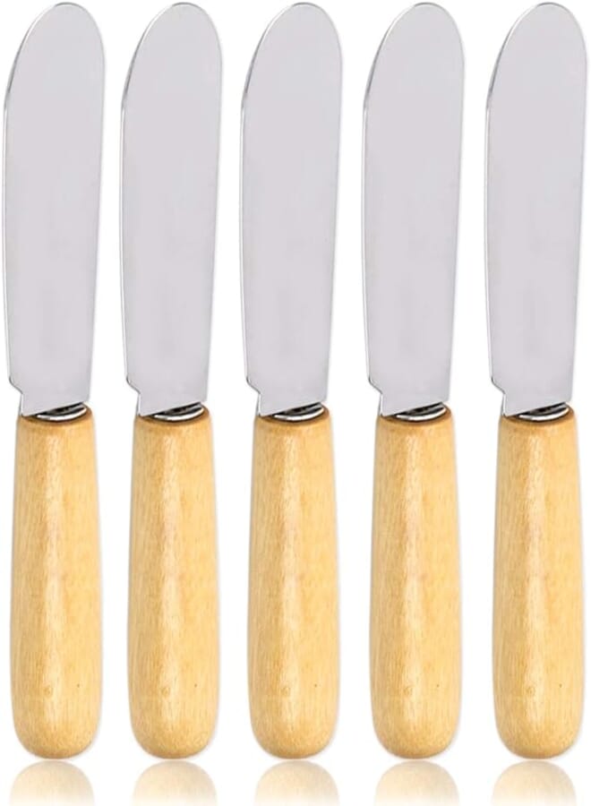 ACKLLR 5 Pack Stainless Steel Straight Edge Wide Butter Spreader with Wood Handle Deluxe Sandwich Cream Cheese Condiment Spreader Set Kitchen Tools, 4 Inches