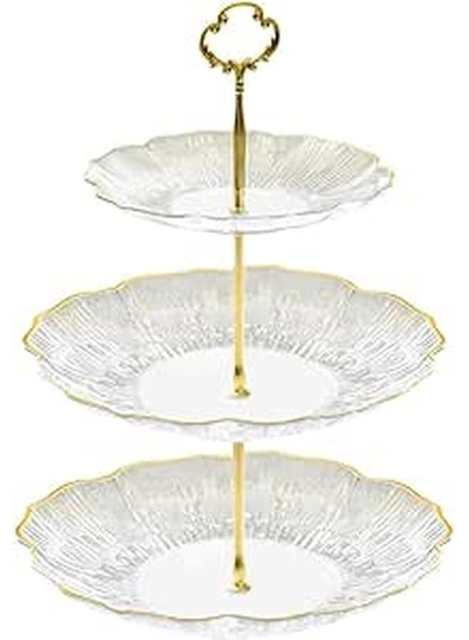 3 Tier clear acrylic cake and dessert serving trays with gold metal stand, round, plastic - Image 1