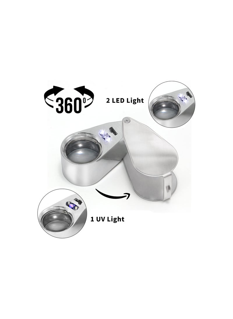 Generic - 40X Full Metal Illuminated Jewelry Loupe Magnifier - Compact Pocket Folding Magnifying Glass with LED Light, 1'' Lens Diameter for Gems, Coins, Stamps, and Currency Detection. - Image 1