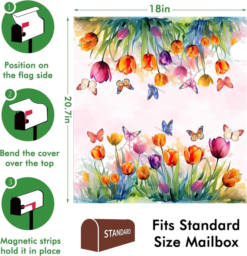 Identiy Watercolor Tulips with Butterfly Mailbox Covers Magnetic Standard Size, Spring Summer Magnetic Mailbox Covers 18"x21" for Outside Yard Decor - Image 2
