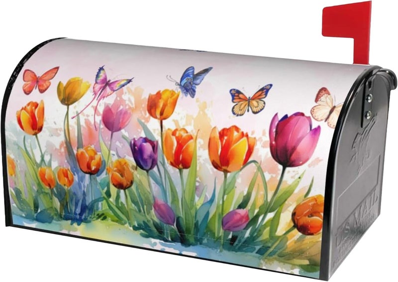 Identiy Watercolor Tulips with Butterfly Mailbox Covers Magnetic Standard Size, Spring Summer Magnetic Mailbox Covers 18"x21" for Outside Yard Decor - Image 1