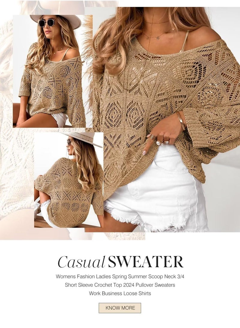 Dokotoo Summer Sweaters for Women 2025 Knitted Tops 3/4 Short Sleeve Camel Sweaters Round Neck Blouses for Women Dressy Casual Crochet Pullover Sweater Large - Image 4