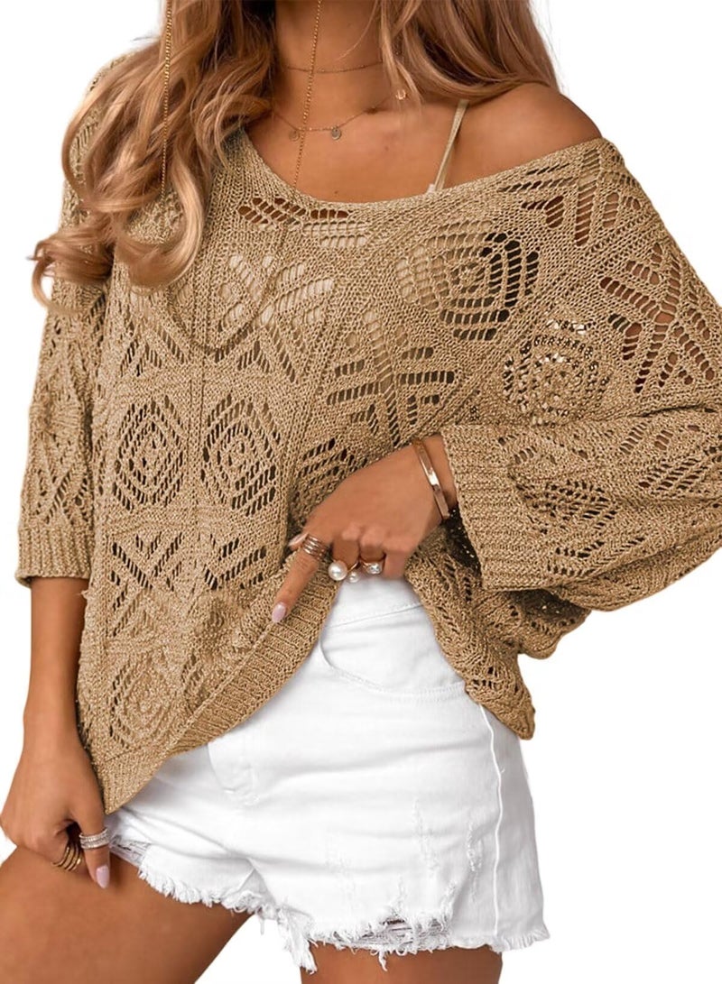 Dokotoo Summer Sweaters for Women 2025 Knitted Tops 3/4 Short Sleeve Camel Sweaters Round Neck Blouses for Women Dressy Casual Crochet Pullover Sweater Large - Image 1